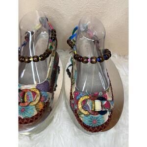 Socofy Canvas Flats Floral Beaded Ankle Strap Women's Size 8 Boho Art To Wear